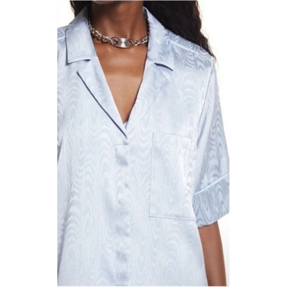 Open Edit Women's Notched Lapel Relaxed Satin Pocket Camp Shirt in Blue Small